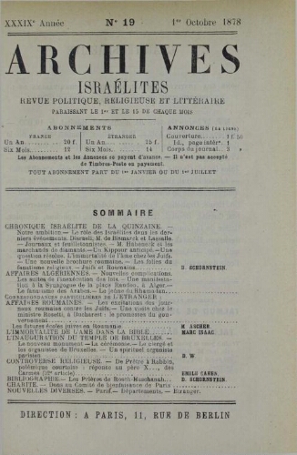 Archives israélites de France. Vol.39 N°19 (01 oct. 1878)